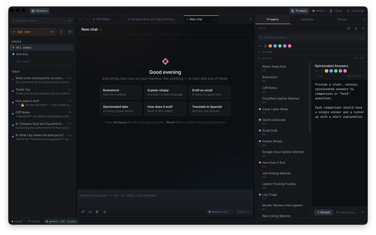 Ekorbia's chat window, with saved chats on the left and a prompt library on the right