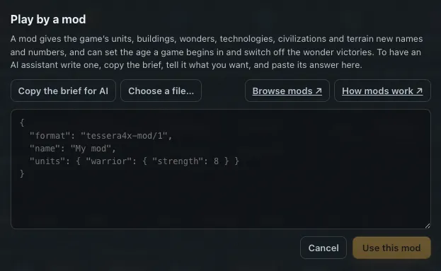 The Tessera4X Play by a mod dialog, with a small JSON mod pasted in