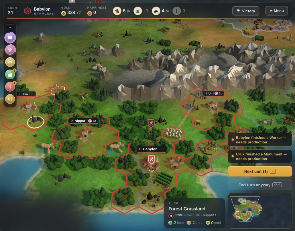 Tessera4X at turn 31: Babylon's cities among forests, hills and mountains, ringed by their borders